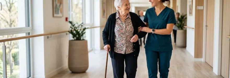 Aide-soignante en tenue contemporaine accompagnant avec bienveillance une résidente senior dans un couloir lumineux d'EHPAD, vue de profil, interaction naturelle et apaisée