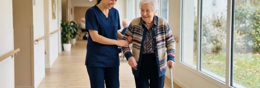 Aide-soignante en tenue contemporaine accompagnant avec bienveillance une résidente senior dans un couloir lumineux d'EHPAD, vue de profil, interaction naturelle et apaisée