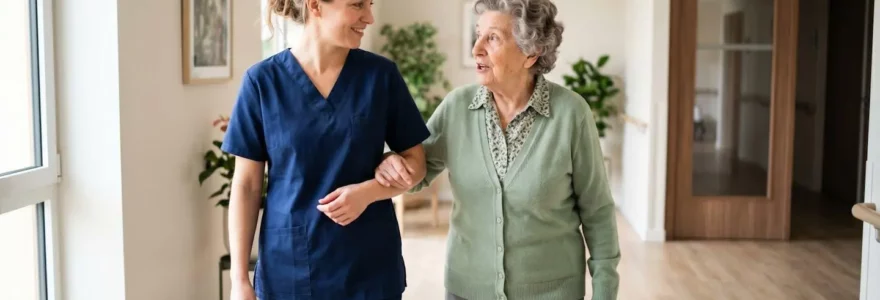 Aide-soignante en tenue contemporaine accompagnant avec bienveillance une résidente senior dans un couloir lumineux d'EHPAD, vue de profil, interaction naturelle et apaisée