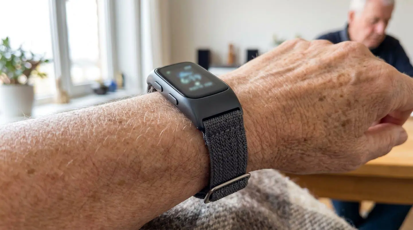 Gros plan sur un bracelet de télésurveillance médical moderne au poignet d'une personne âgée, focus net sur le dispositif, arrière-plan flouté avec vêtement et bras