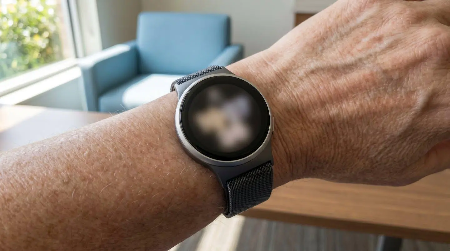 Gros plan sur un bracelet de télésurveillance médical moderne au poignet d'une personne âgée, focus net sur le dispositif, arrière-plan flouté avec vêtement et bras