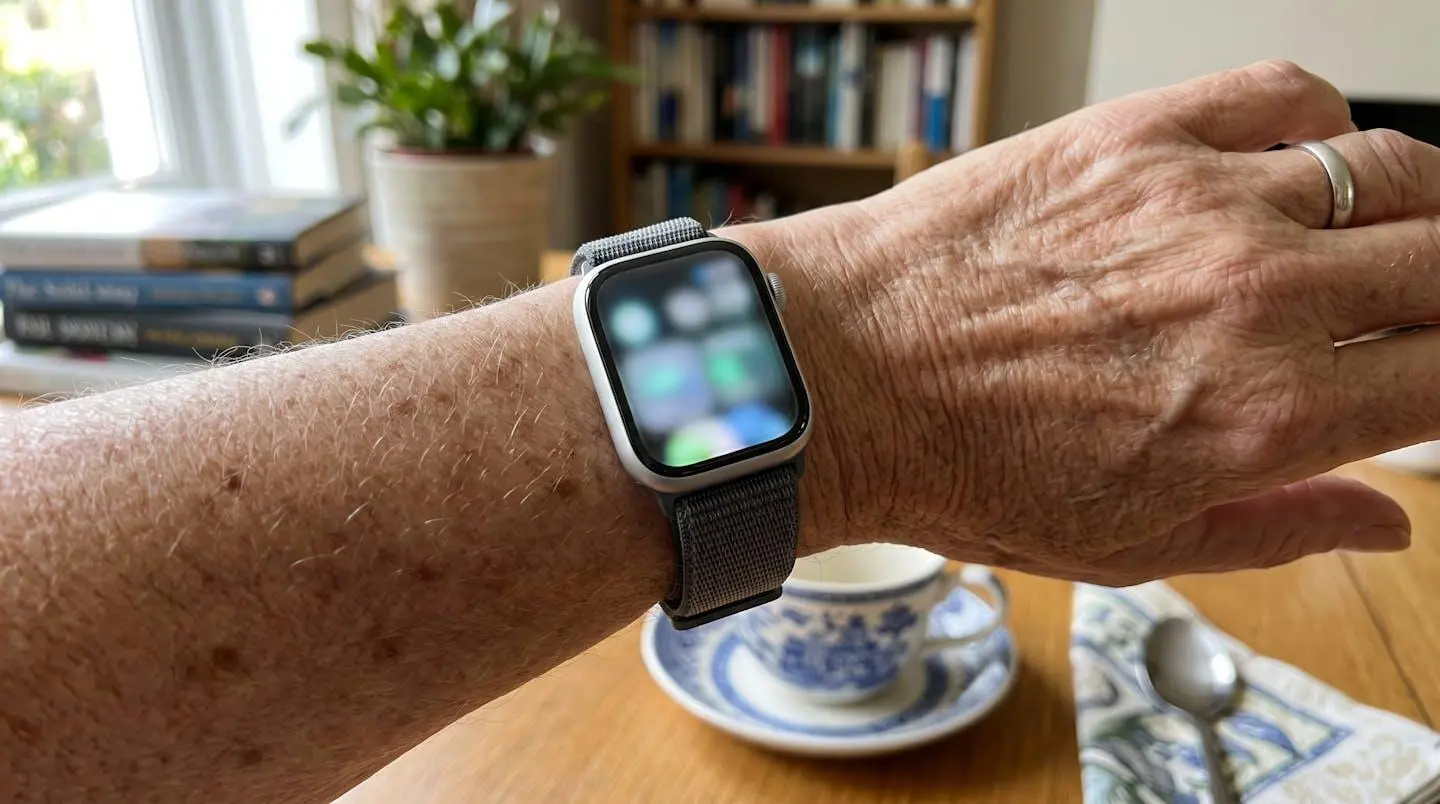 Gros plan sur un bracelet de télésurveillance médical moderne au poignet d'une personne âgée, focus net sur le dispositif, arrière-plan flouté avec vêtement et bras