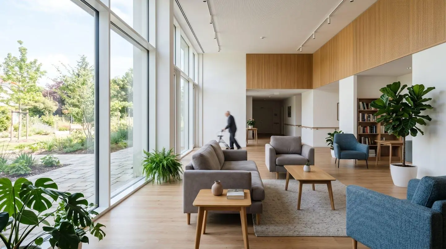 Salon de vie collectif contemporain en EHPAD avec grandes baies vitrées, canapés modernes confortables, plantes vertes, lumière naturelle abondante et décoration épurée