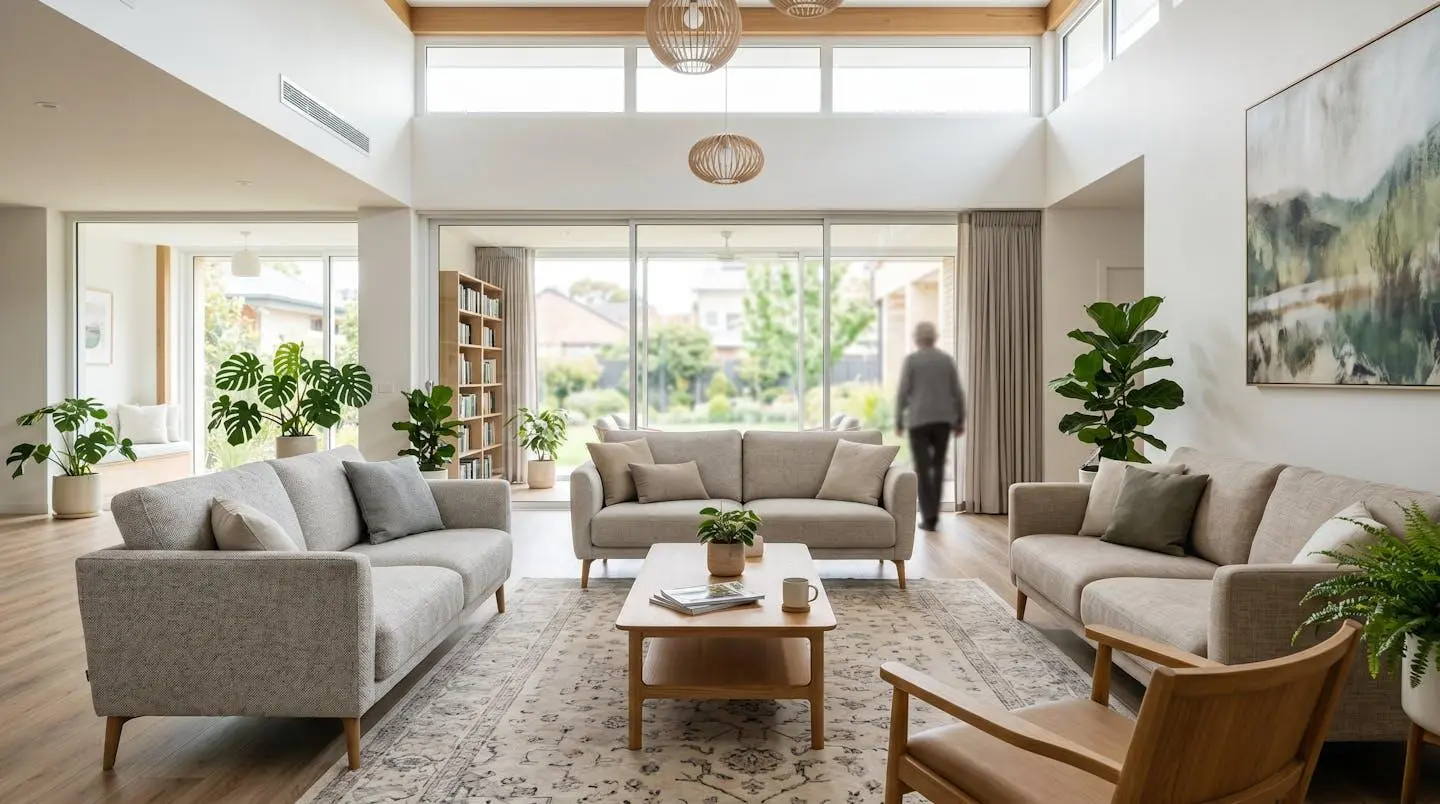 Salon de vie collectif contemporain en EHPAD avec grandes baies vitrées, canapés modernes confortables, plantes vertes, lumière naturelle abondante et décoration épurée