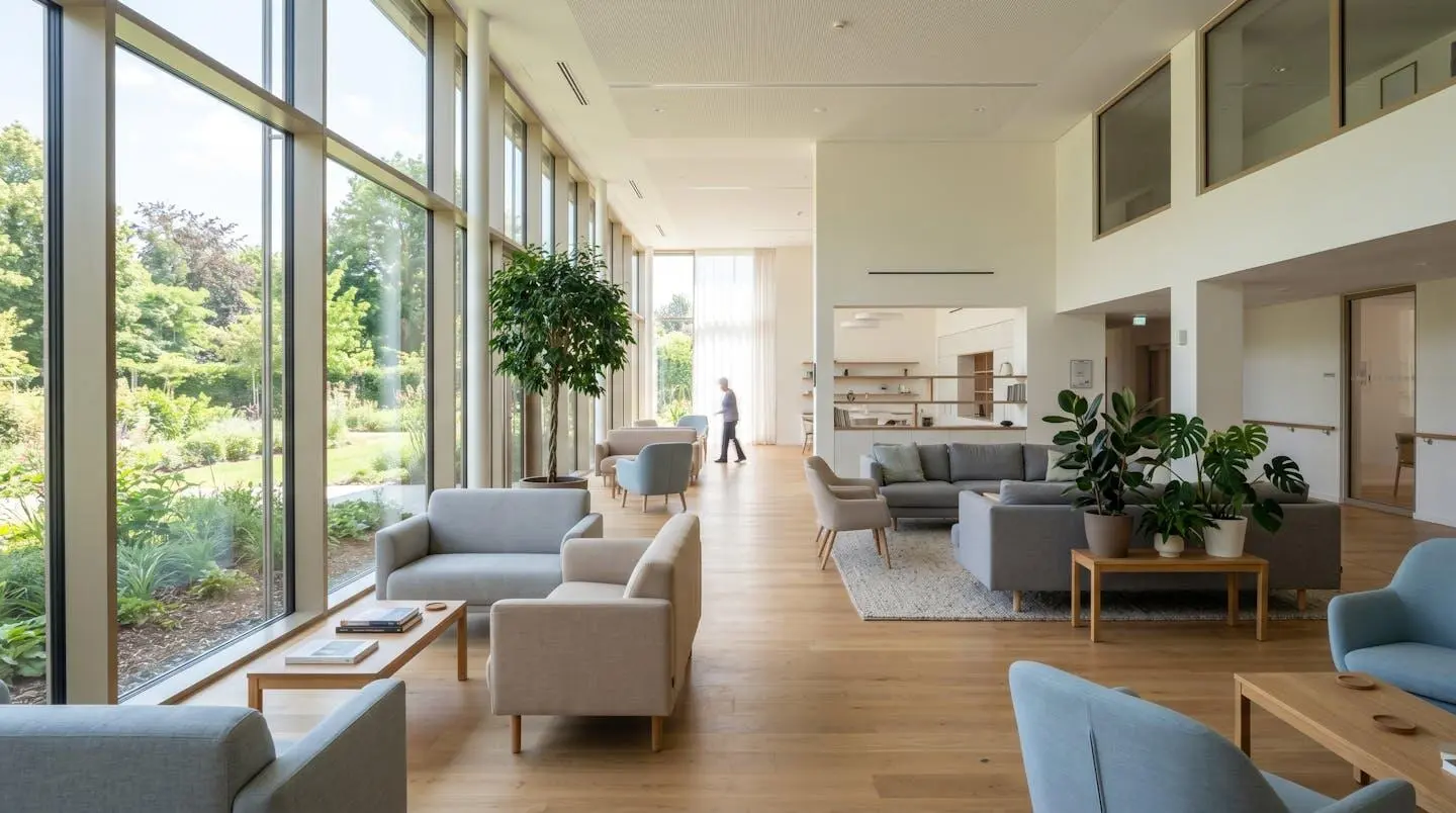 Salon de vie collectif contemporain en EHPAD avec grandes baies vitrées, canapés modernes confortables, plantes vertes, lumière naturelle abondante et décoration épurée