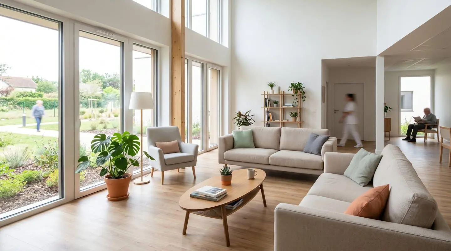 Salon de vie collectif contemporain en EHPAD avec grandes baies vitrées, canapés modernes confortables, plantes vertes, lumière naturelle abondante et décoration épurée